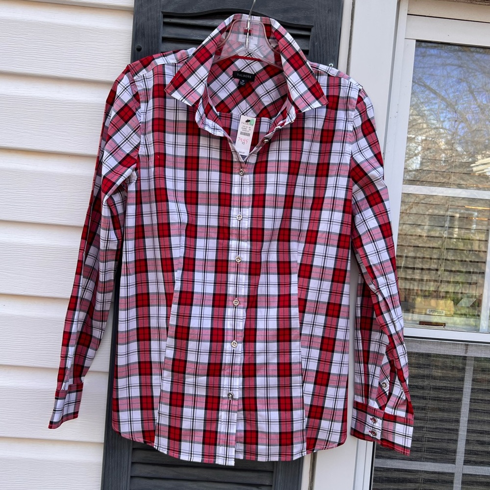 NWT Talbots Cute Red Black White Plaid Long Sleeve Blouse